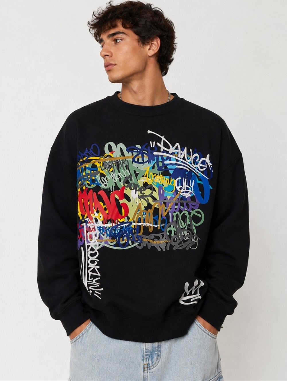 Rutherford Graffiti Graphic Embroidered Sweatshirt XL Black‎ Streetwear